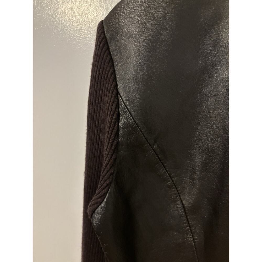 Cache Brown Leather Jacket Ribbed Knit Sleeves Boho Feminine Size L - Picture 6 of 6